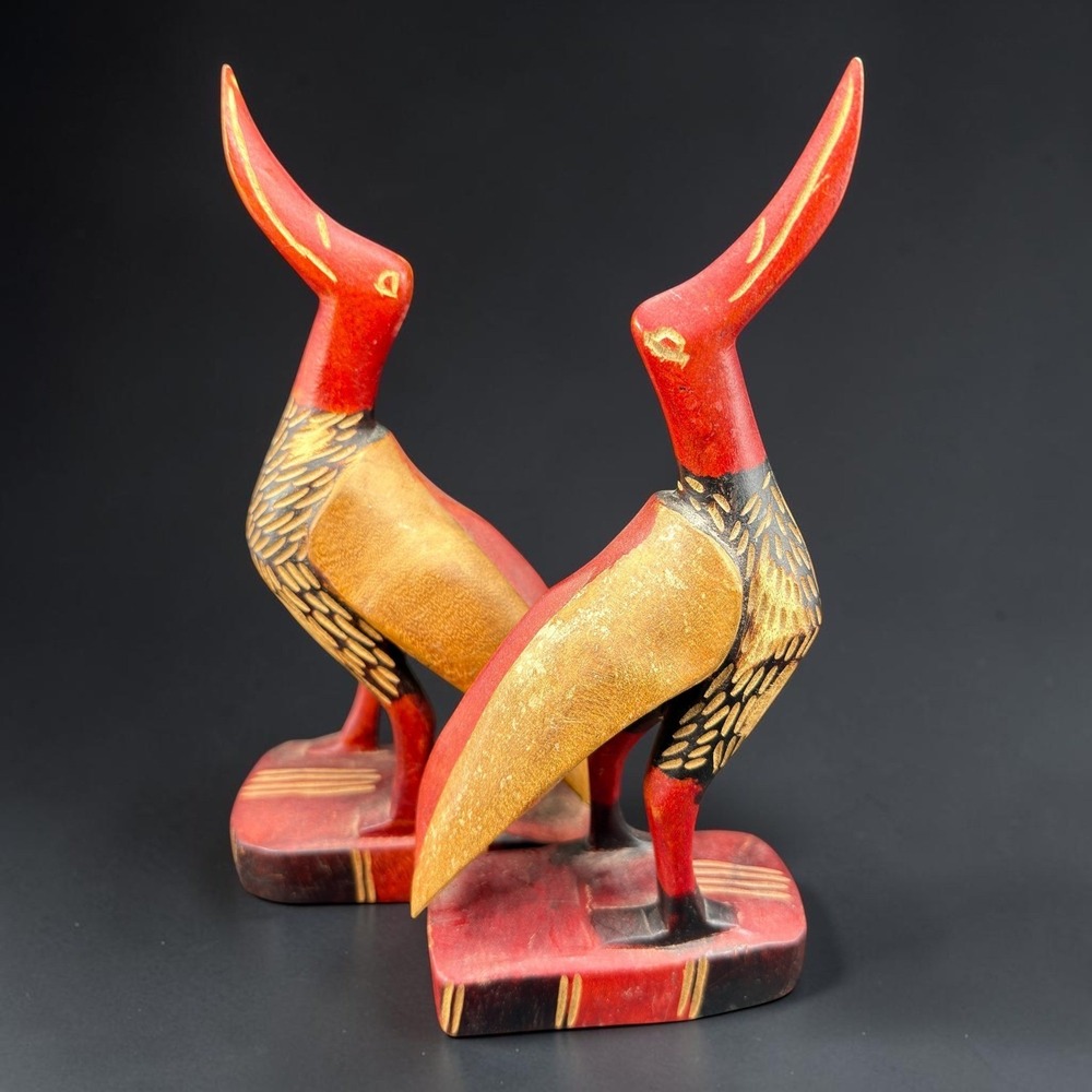 Vintage Hand Carved Painted Wood Bird Figurines Red Gold Folk Art Set of 2
